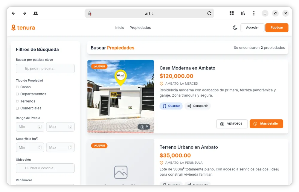 listado de propiedades Tenura
