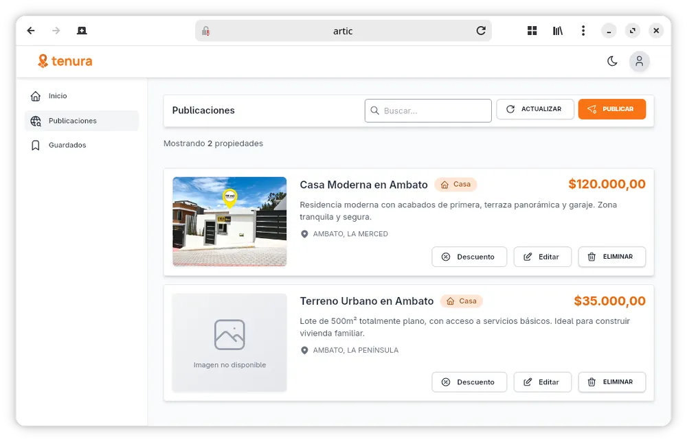 publicaciones de propiedades Tenura